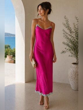 NWT Vintage Silk Slip Dress Fuchsia Nightgown M Y2K New Old Stock Dainty  Fairy